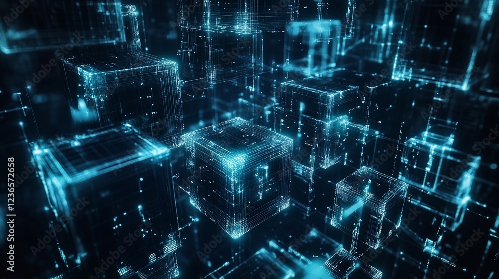 Poster abstract digital cubes in a dark environment with glowing blue lines and points
