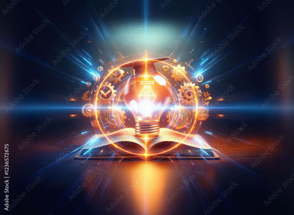 Poster abstract sci-fi double exposure image. glowing lightbulb on open book surrounded by gears and swirli