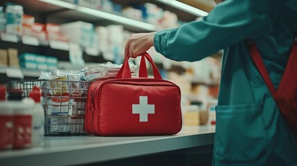 Individual in Pharmacy Selecting Items to Place in Red Emergency First Aid Bag on Counter Surrounded by Various Medical Products and Supplies