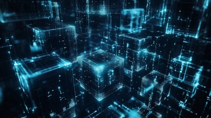 Abstract digital cubes in a dark environment with glowing blue lines and points