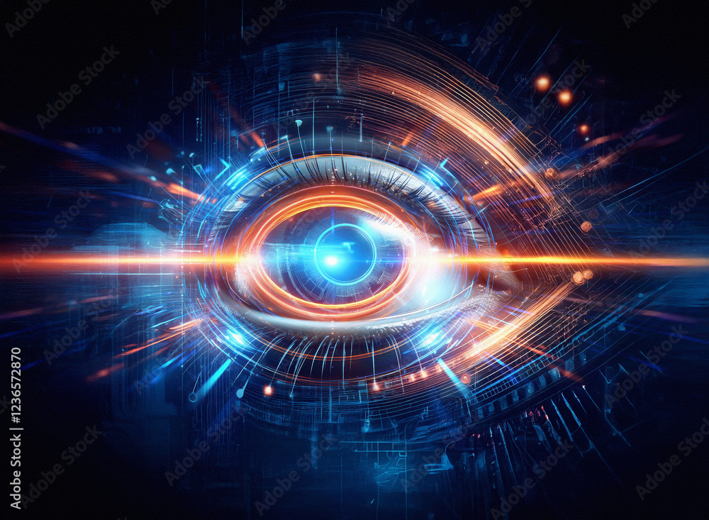 Aufkleber abstract sci-fi double exposure image of a technological eye, glowing with vibrant energy against a 