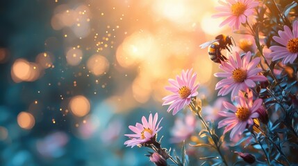 Fototapeta premium close up of bumblebee collecting nectar from pink flowers, surrounded by dreamy, glowing background. scene captures beauty of nature and importance of pollinators