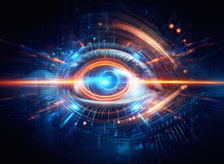 Obraz premium Abstract sci-fi double exposure image of a technological eye, glowing with vibrant energy against a dark background. Intricate circuitry and light streaks create a futuristic feel.