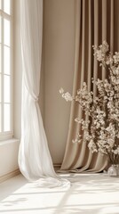 Soft sunlight filters through sheer curtains in a tranquil room showcasing natural elements and a minimalistic design aesthetic
