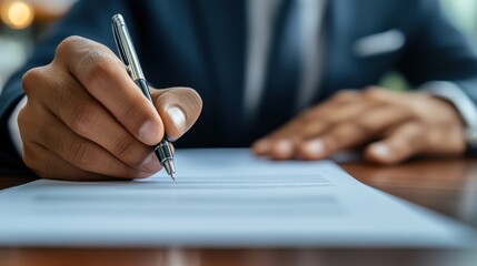 Fototapeta premium Business professional signs important document at desk, showcasing formal attire and focused expression in a well-lit office setting