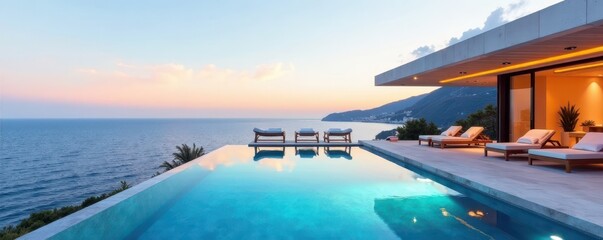 Sleek coastal villa, infinity pool, ocean view, vacation, contemporary