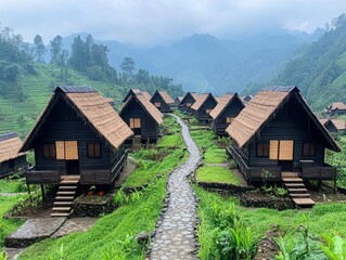 Obraz premium Scenic village with traditional houses nestled in green hills under a cloudy sky showcasing nature's beauty and serene architecture in rural setting