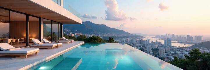 Obraz premium Sleek minimalist home, infinity pool overlooking cityscape, building, contemporary