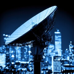 Futuristic Satellite Dish Overlooking a City Skyline at Night with Illuminated Buildings and a Clear Blue Atmosphere for Technology Themes