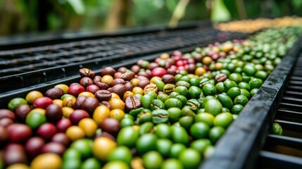Colorful array of coffee cherries in various ripeness stages arranged on a sorting table in a lush tropical setting with blurred background