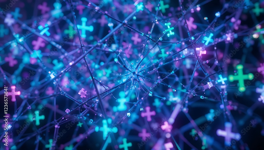 Aufkleber glowing network: abstract branching structure with neon crosses