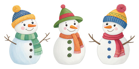 A Fun Collection of Snowmen with Different Hats and Accessories Isolated on a White Background