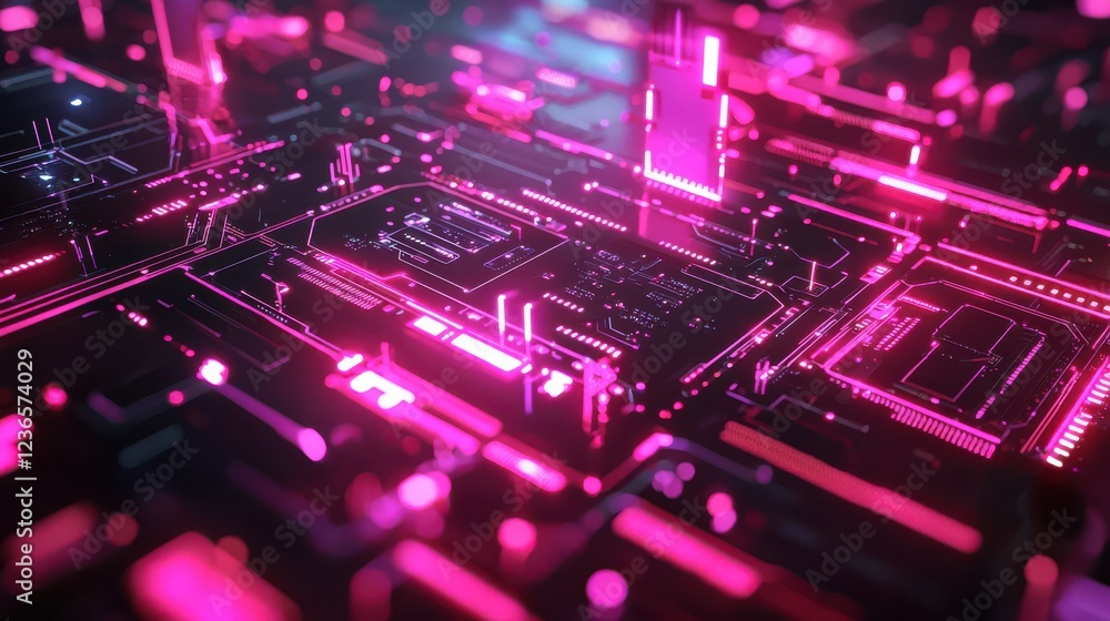 Poster futuristic tech inspired background with vibrant pink circuit patterns, showcasing intricate details