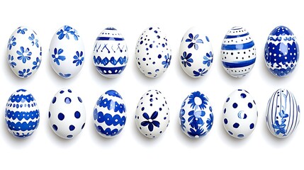 Twelve Decorated Easter Eggs Blue and White Floral Patterns Spring Holiday