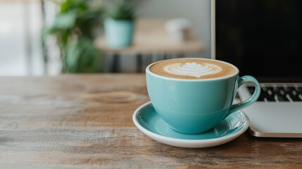 Obraz premium Stylish Oatmeal Latte in a Charming Café Scene with Laptop