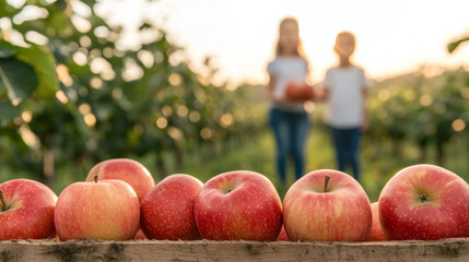 Freshly picked apples in wooden crate with children holding fruits in sunny orchard