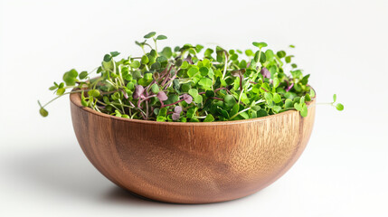 Fototapeta premium Fresh organic microgreens in a rustic wooden bowl on a white background. Healthy superfood concept for plant-based nutrition, vegan cooking, and sustainable clean eating lifestyle.