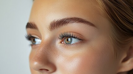 Close-up of a young woman's striking blue eyes with natural makeup and defined brows illuminated by soft light in a neutral setting