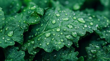 Fresh Curly Kale with Tiny Water Beads on Lush Green Leaves