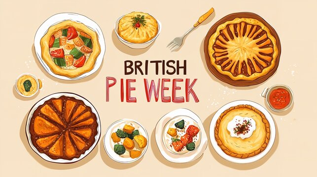 British Pie Week poster featuring colorful handmade pies and dishes on a beige background, flat lay composition - Powered by Adobe