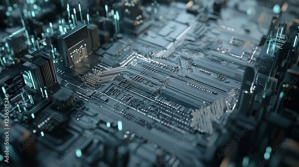 Poster detailed close up of a circuit board with glowing lines and components intricate technology