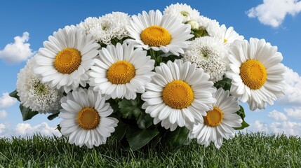 Obraz premium Daisies bouquet, sunny sky, grass, spring
