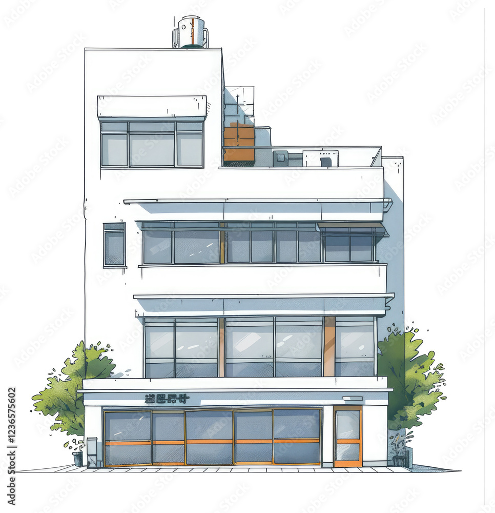 Poster a three story building with large windows and a storefront