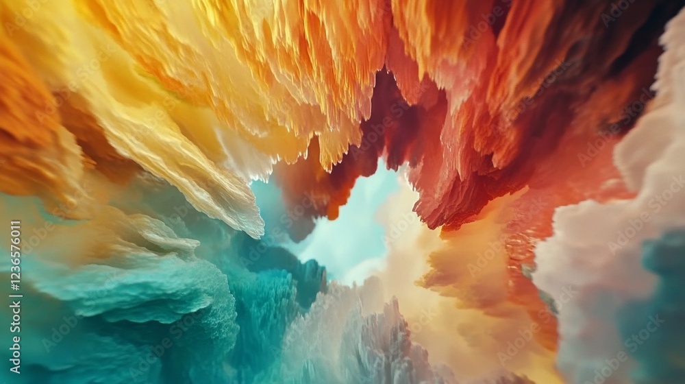 Poster abstract aerial view of textured shapes in warm and cool colors creating a tunnel effect