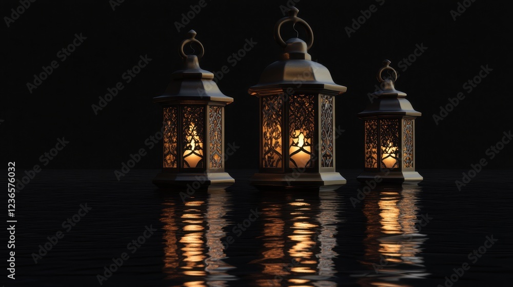 Poster three illuminated lanterns reflect softly on dark water, creating a serene and enchanting atmosphere