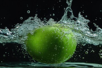 Freshness Unleashed Green Apple Splashing into Water with Bubbles and Ripples in Detailed Close-Up