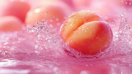 Fototapeta premium Vibrant Macro Shot of Ripe Peach Splashing into Water with Orange and Pink Tones Refreshing Summer Concept
