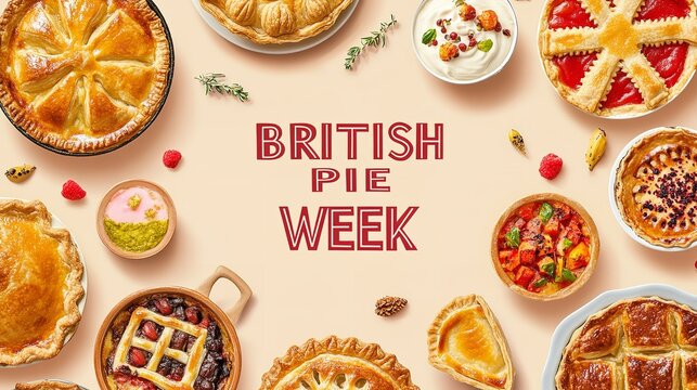 British Pie Week poster featuring colorful handmade pies and dishes on a beige background, flat lay composition