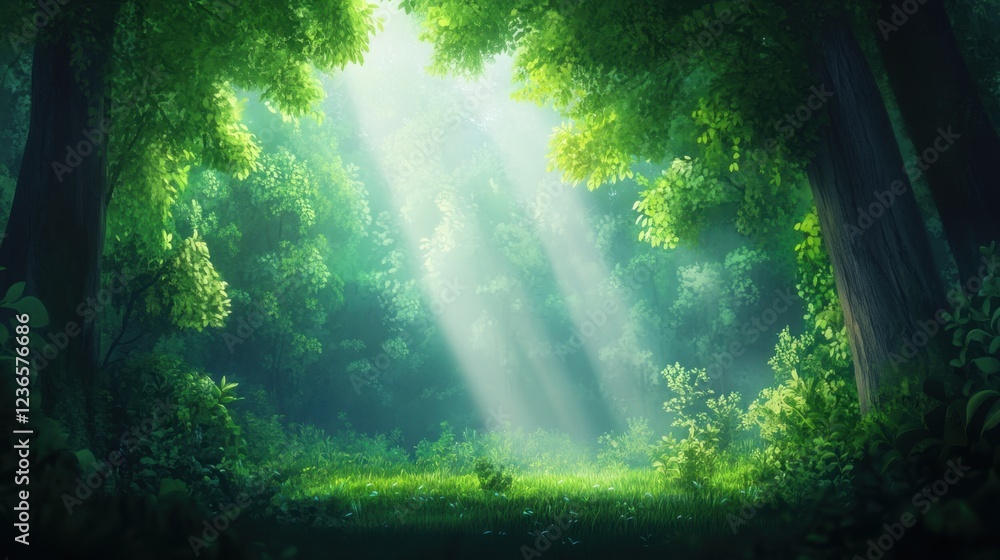 Poster a serene forest scene illuminated by beams of sunlight filtering through lush green foliage, creatin