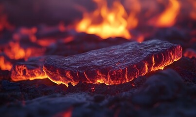 Glowing rocks near fiery lava flow, volcanic landscape, nature background, ideal for screensavers