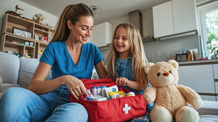 Caring Mother and Happy Child Organizing First Aid Kit at Home with Loved Teddy Bear in Cozy Living Room