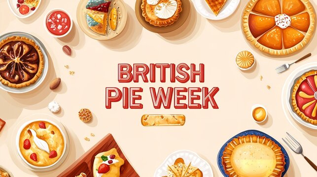 British Pie Week poster featuring colorful handmade pies and dishes on a beige background, flat lay composition