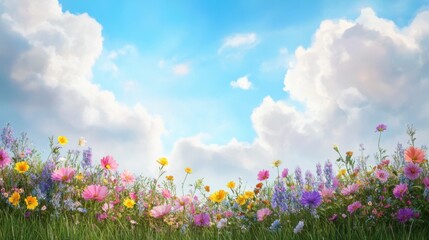 Obraz premium A vibrant field of colorful flowers under a bright blue sky with fluffy clouds, creating a serene and picturesque spring scene.