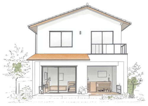 Two Story House Exterior Design with Balcony and Garden