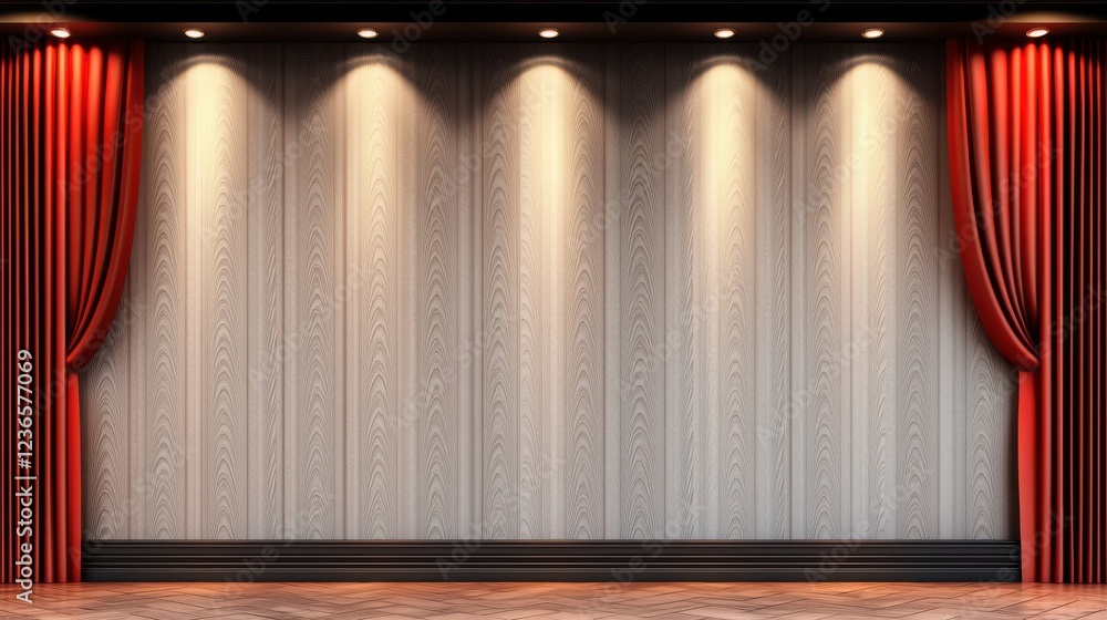 Poster elegant wall with classic damask pattern and red curtains, creating sophisticated atmosphere for eve