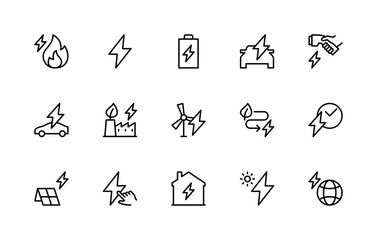 Energy related vector linear icons set. Contains such icons as fire, lightning, battery, electric car and more.