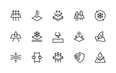Fabric properties related vector linear icons set. Isolated icon collection such as stretch, softness, density, lightness and more.