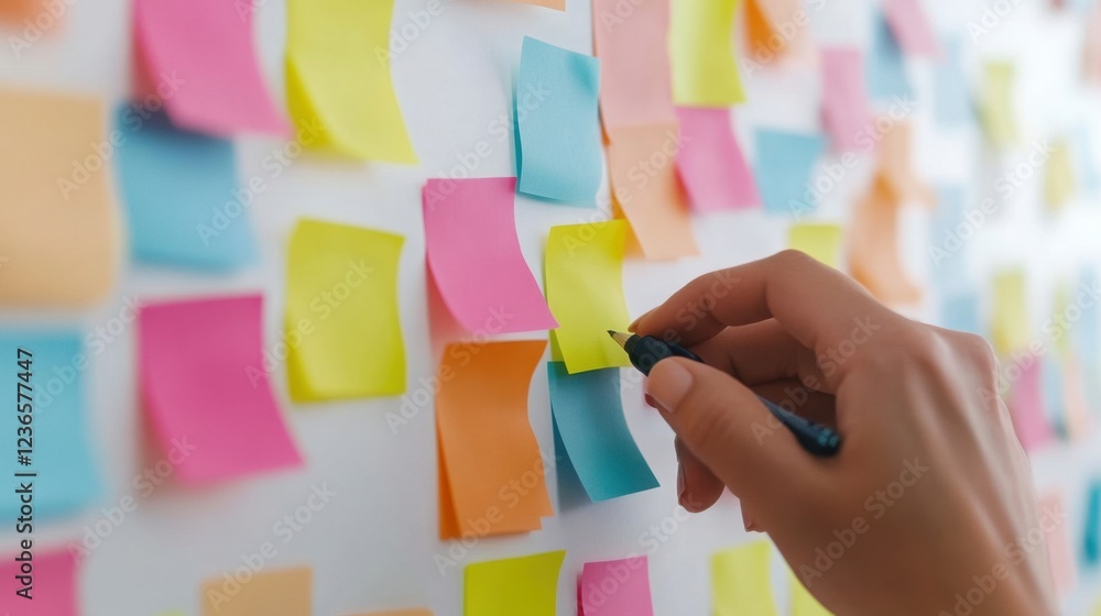 Poster a colorful wall covered in sticky notes, with a hand adding a note, representing organization and br