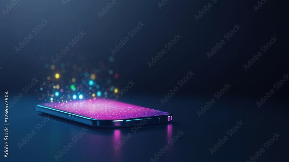 Poster a glowing smartphone emits colorful particles against a dark background, creating a vibrant and futu
