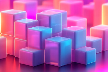Obraz premium A gradient background with glowing 3D blocks stacked in a grid, each representing various Web3 elements like NFTs, tokens, and smart contracts.