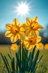Obraz premium Vibrant Yellow Daffodils in Bloom, Sunlight Streaming through Petals, on Sunny Spring Day
