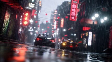 Fototapeta premium A vibrant city street scene drenched in rain, with glowing neon signs and reflections on wet pavement, capturing a moody urban atmosphere.