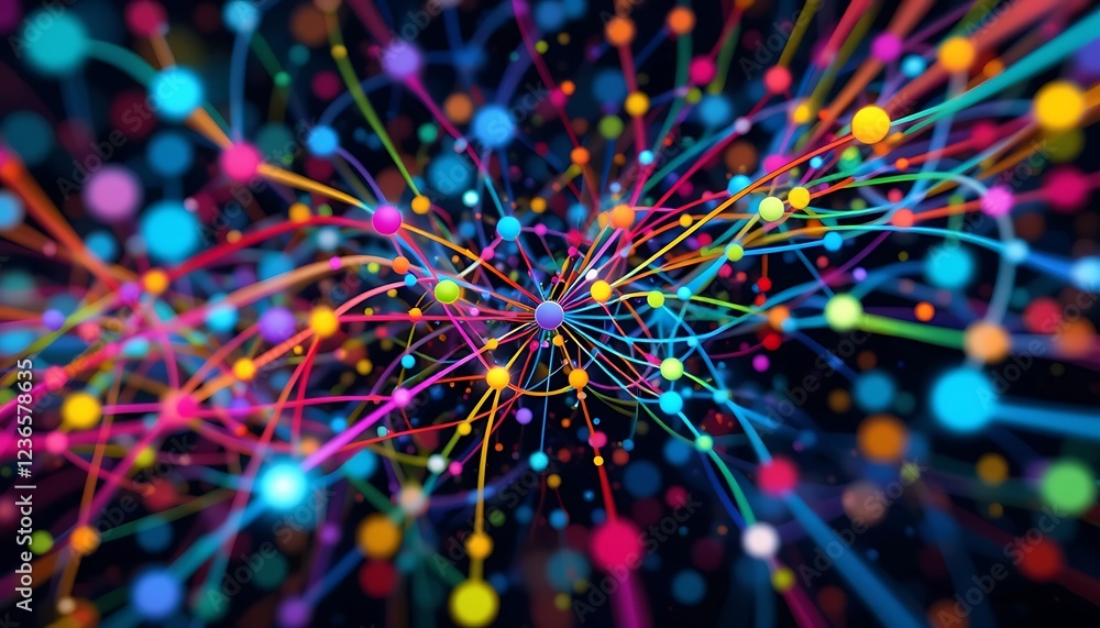 Poster vibrant network: a colorful abstract interconnection of nodes and lines