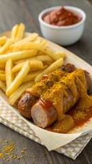 Currywurst with crispy fries in paper plate – High-resolution food photo