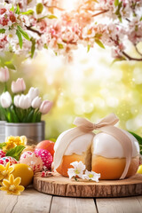 A beautifully decorated Easter kulich rests on a wooden cutting board surrounded by colorful spring flowers and ornaments. Soft sunlight filters through blooming branches, creating a warm ambiance