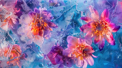 Abstract colorful art background with summer flowers frozen in ice
